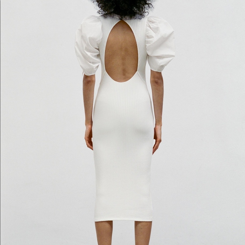 Zara Ribbed Knit Puff Sleeve Back Cutout Midi Dress NWT - Picture 10 of 16